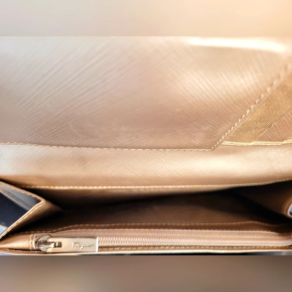 Salvatore Ferragamo Gancini Leather Long Gold Metallic Wallet